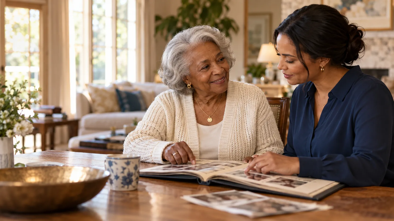 An older adult and a caregiver sharing a family photo album in a welcoming home.